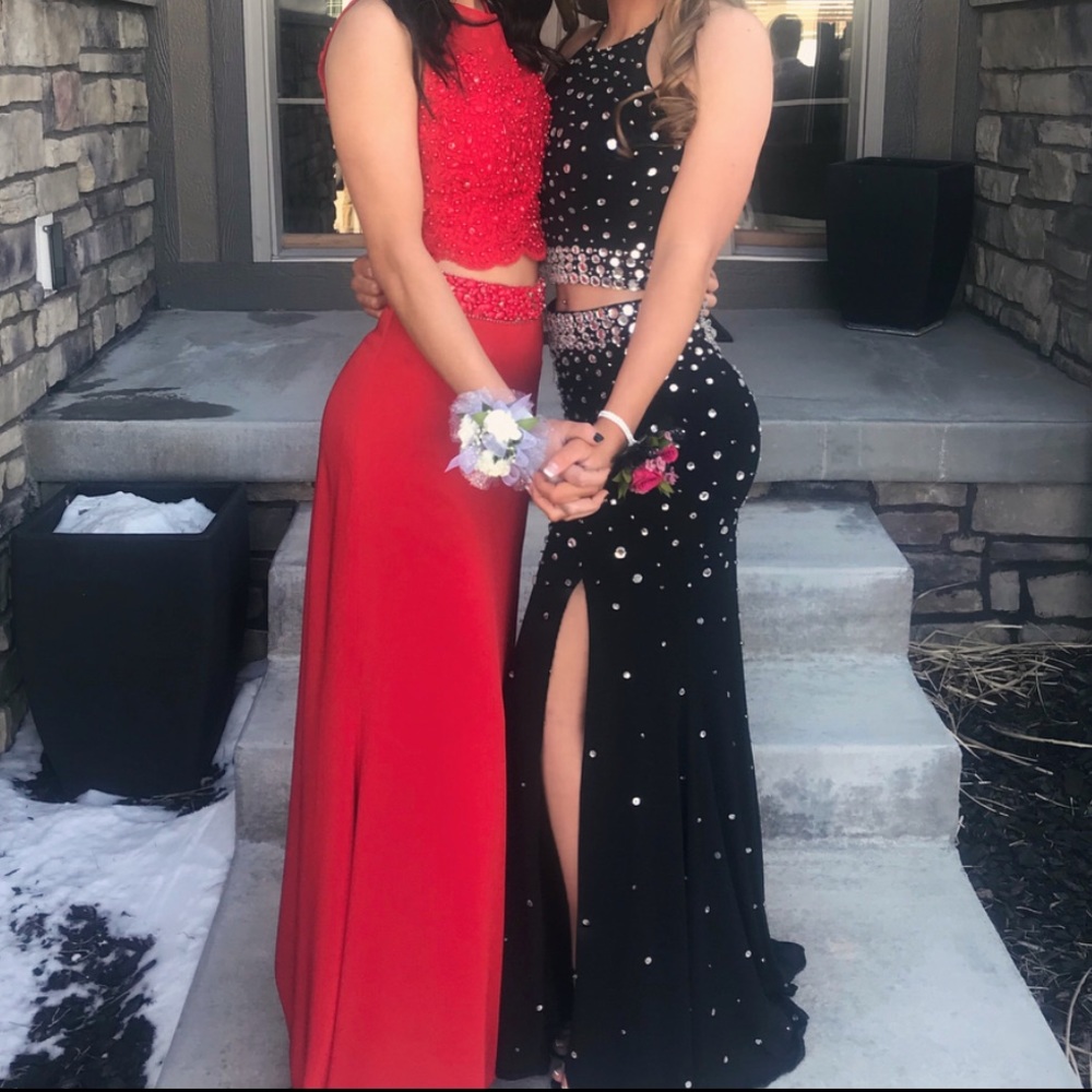 Black/rhinestoned two piece prom dress